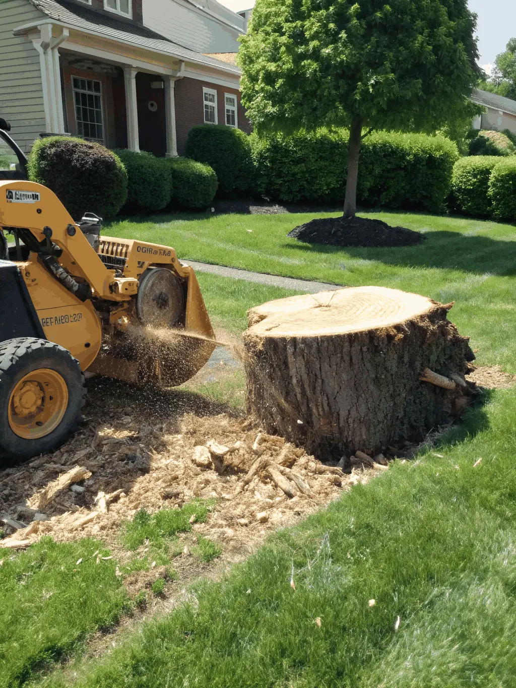 A professional arborist using specialized equipment to grind a tree stump in a residential yard in Lehi, Utah, showcasing the precision and efficiency of 801 Stump Grinding's stump grinding service.