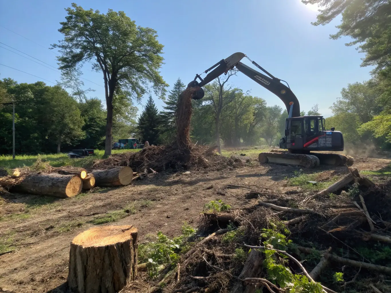A professional stump grinding machine efficiently removing a tree stump in a residential yard in Lehi, Utah, showcasing the precision and cleanliness of 801 Stump Grinding's service.