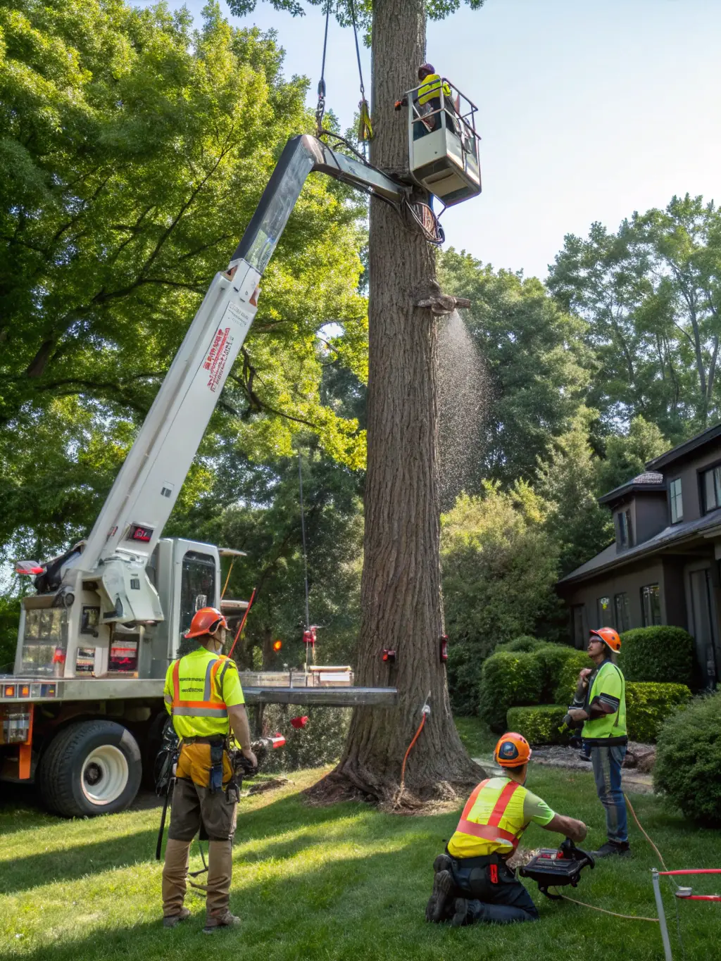 A team of tree removal experts safely removing a large, hazardous tree from a property in Lehi, Utah, demonstrating 801 Stump Grinding's expertise in handling complex tree removal projects.