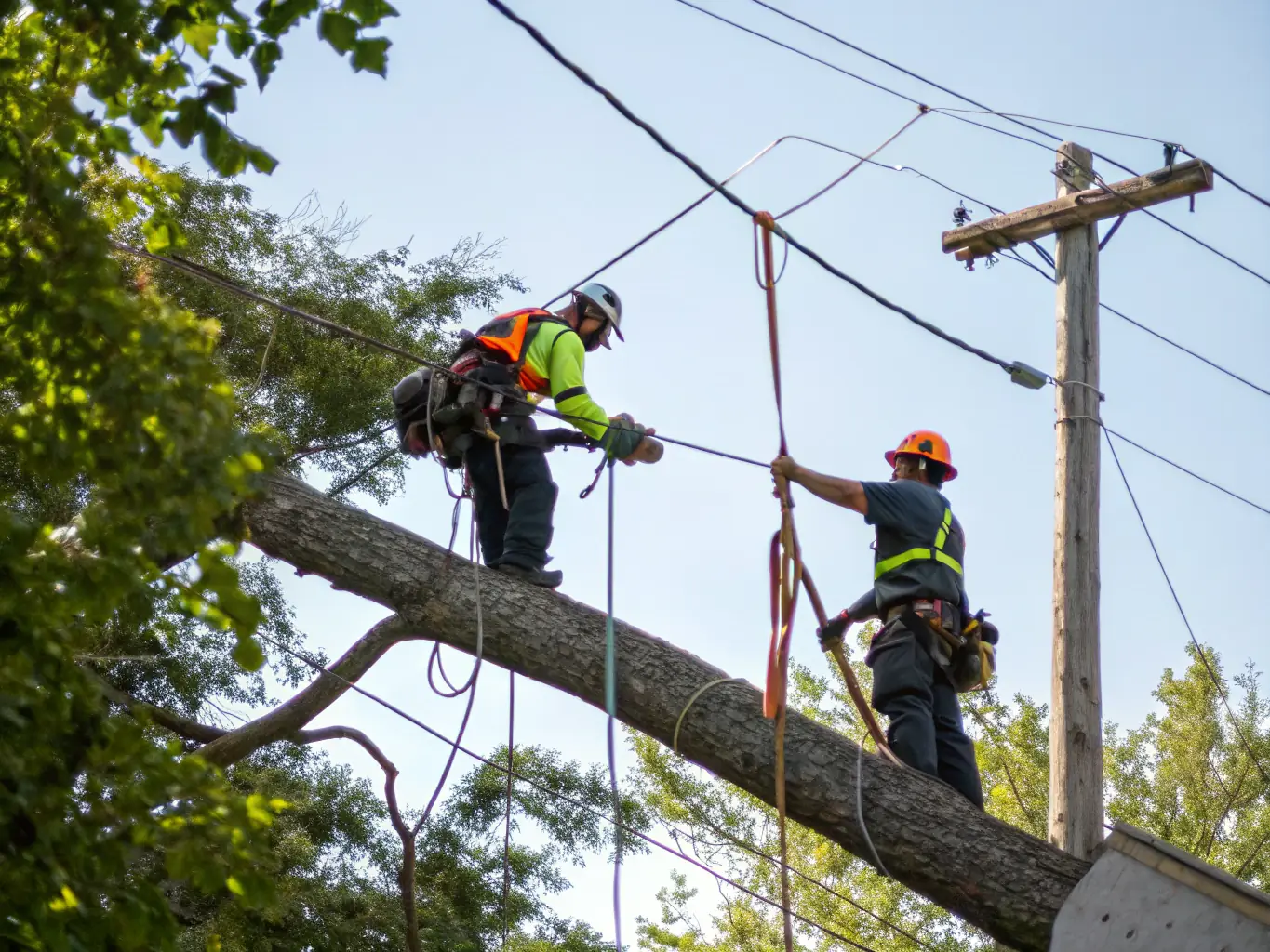 A skilled tree removal team carefully lowering a large tree branch during a tree removal operation in Lehi, Utah, highlighting the safety measures taken by 801 Stump Grinding.